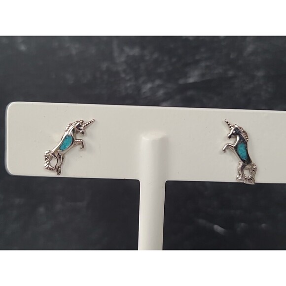 Unicorn Faux Turquoise Silver Tone Stud Earrings Vintage - Picture 2 of 10